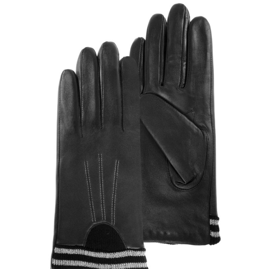 Femmes Isotoner Gants | Gants Femme Cuir Agneau Noir Et Argente - Isotoner