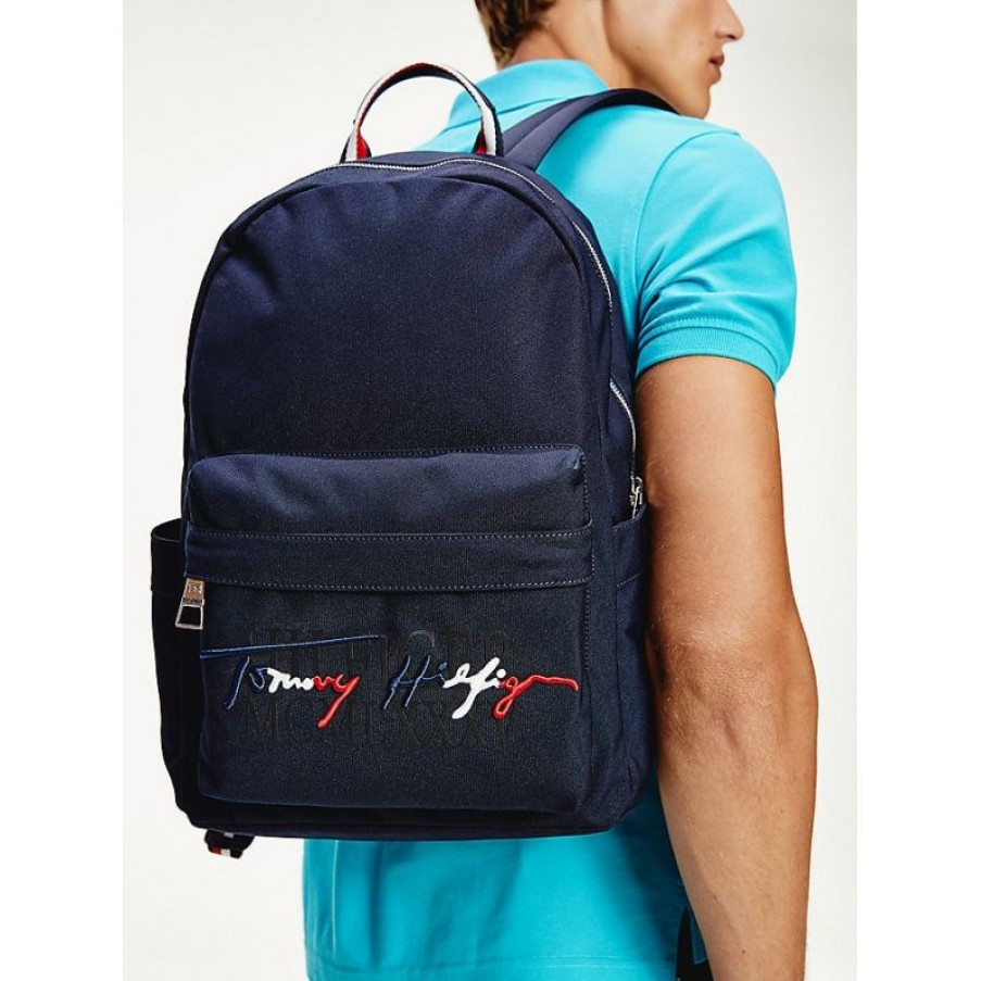 Business Tommy Hilfiger | Sac A Dos Logo Signature En Toile Bleu - Tommy Hilfiger